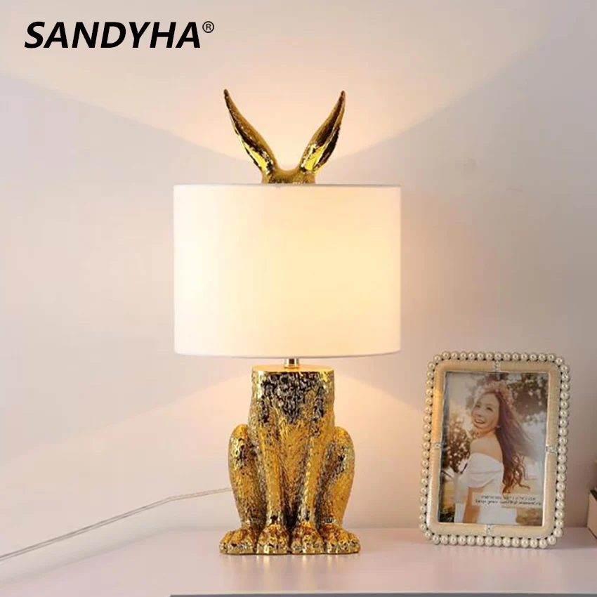 SANDYHA LED Masked Rabbit Resin Table Lamps Retro Stand Desk Night Lights for Bedroom Home Decor Bunny Poldina Bedside Lamp E27