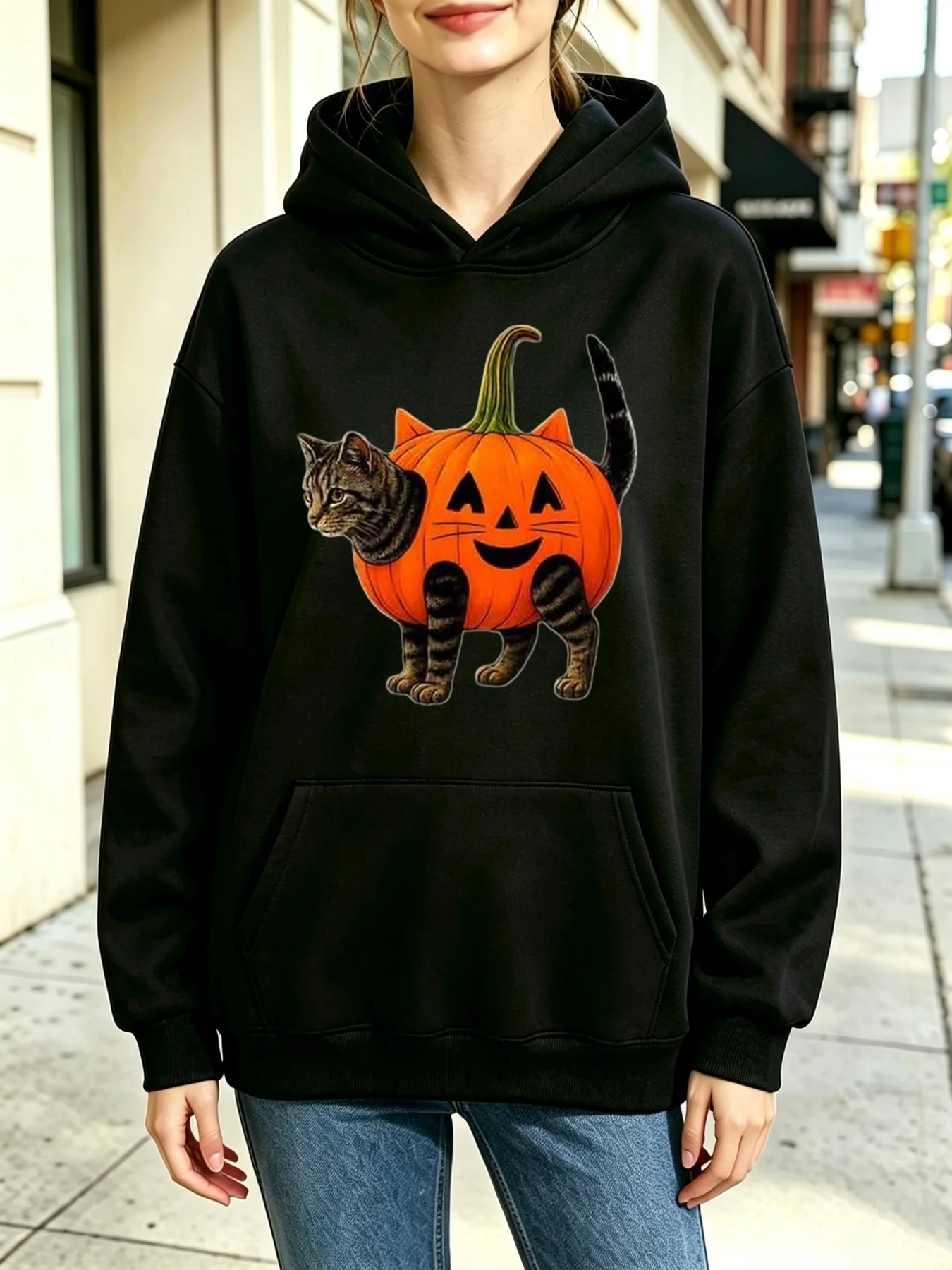 Women'S Hooded Sweatshirt Halloween Pumpkin Cat Hybrid Print Design Casual Basic Style Relaxed Fit, Fall Winter Daily Outdoor Lounge Work Wear, Soft Fleece Lined, Long Sleeve with Kangaroo Pocket, Multi-Colors