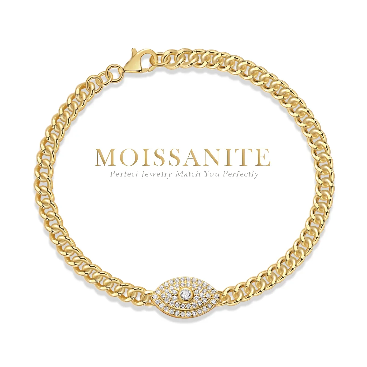 

0.6cttw 14g Cuban Link Bracelet with Moissanite Eye Design, S925 Silver, 18K Gold-Plated, Elegant and Unique Jewelry for Women