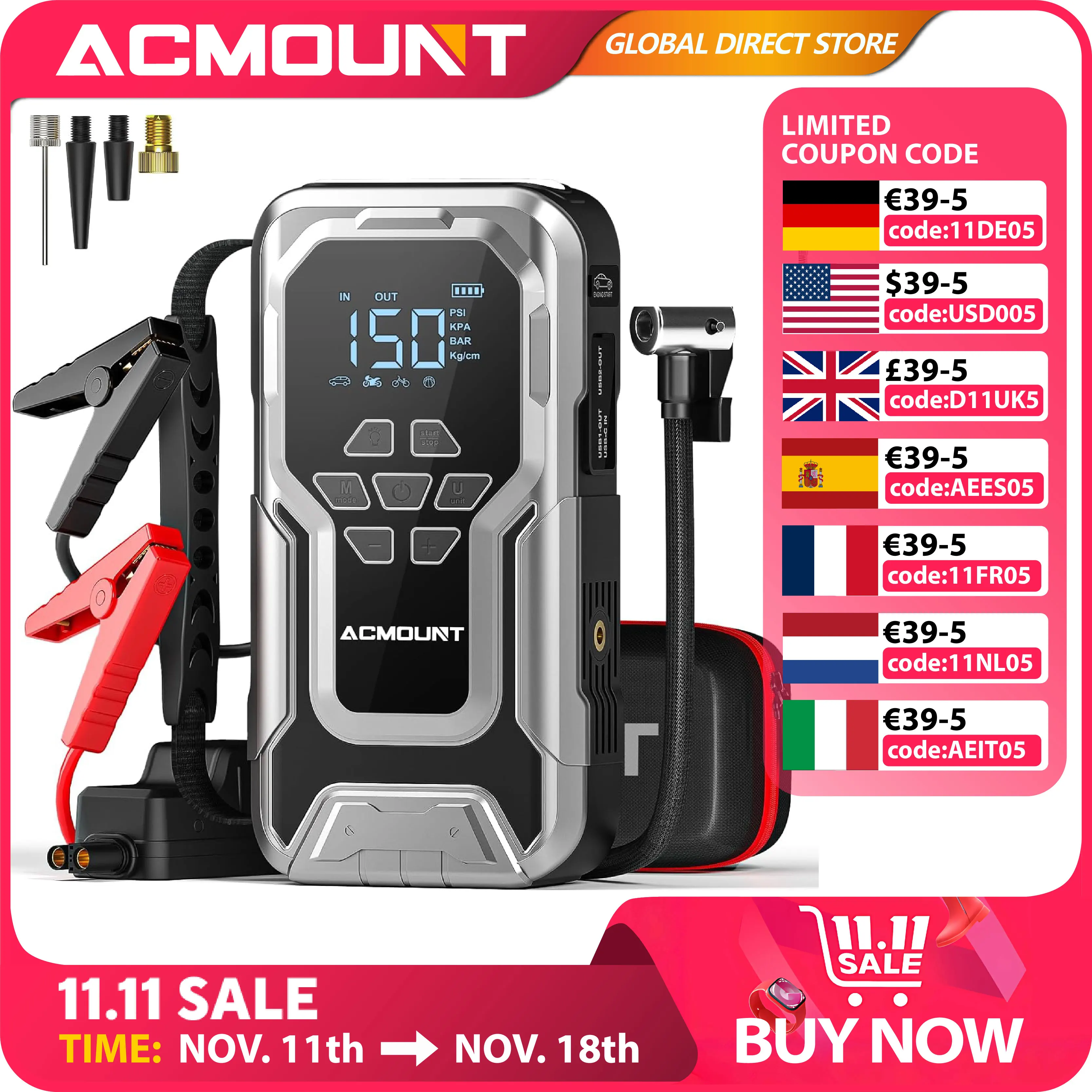 ACMOUNT 5-in-1 3500A Peak Car Jump Starter with 150PSI Tire Inflator,12V Car Battery Booster Pack for Up to 10L Gas/8L Diesel