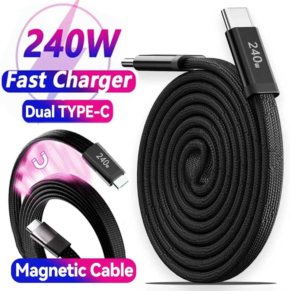 

240W USB C To Type C Cable Fast Charging Charger Magnetic Braided Data Cable for IPhone 17 16 15 Tablet Huawei Xiaomi Samsung