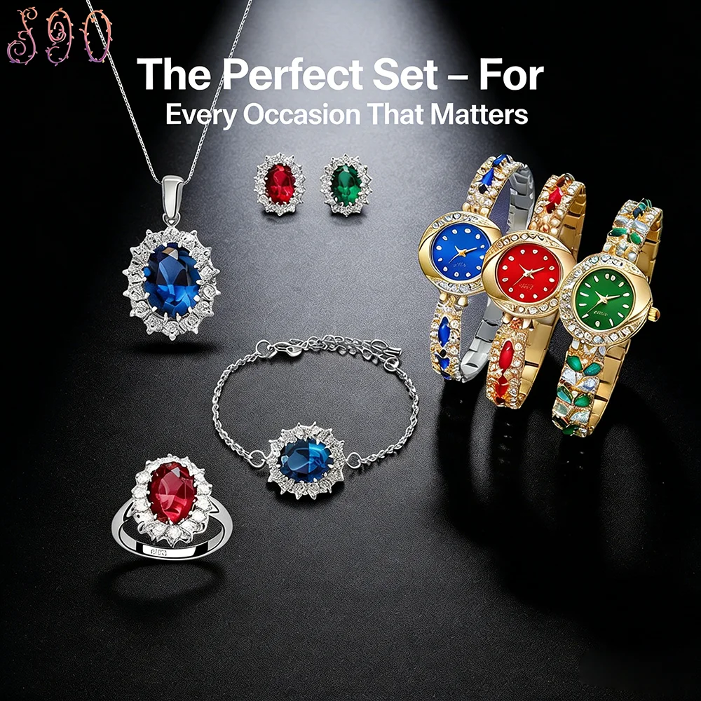 

925 Sterling Silver Women's Crystal Gemstone Jewelry Watch Set Necklace Earrings Bracelet Ring Wristwatch for Wedding Party Gift