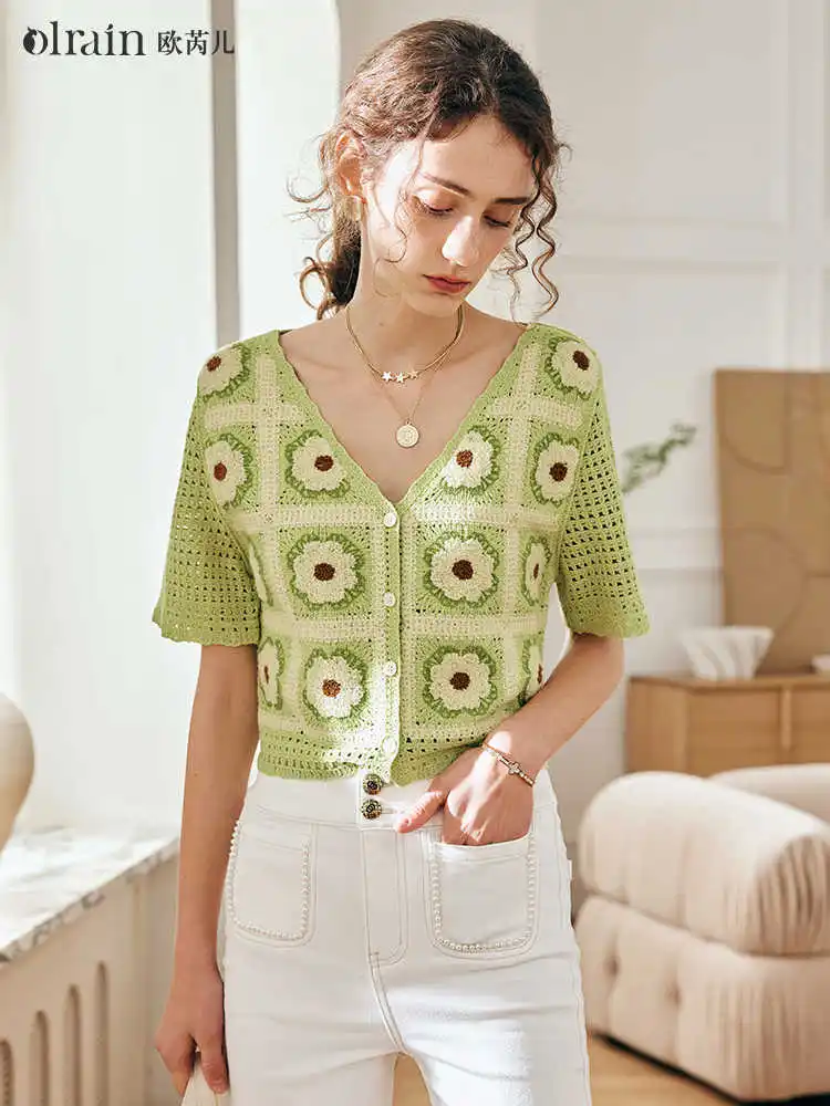 

OLrain Summer Knitted Cardigan Ladies 2025 Vintage Green Hollow Out Loose Tops V-Neck Short Sleeve Casual Cardigan O23XZ66525