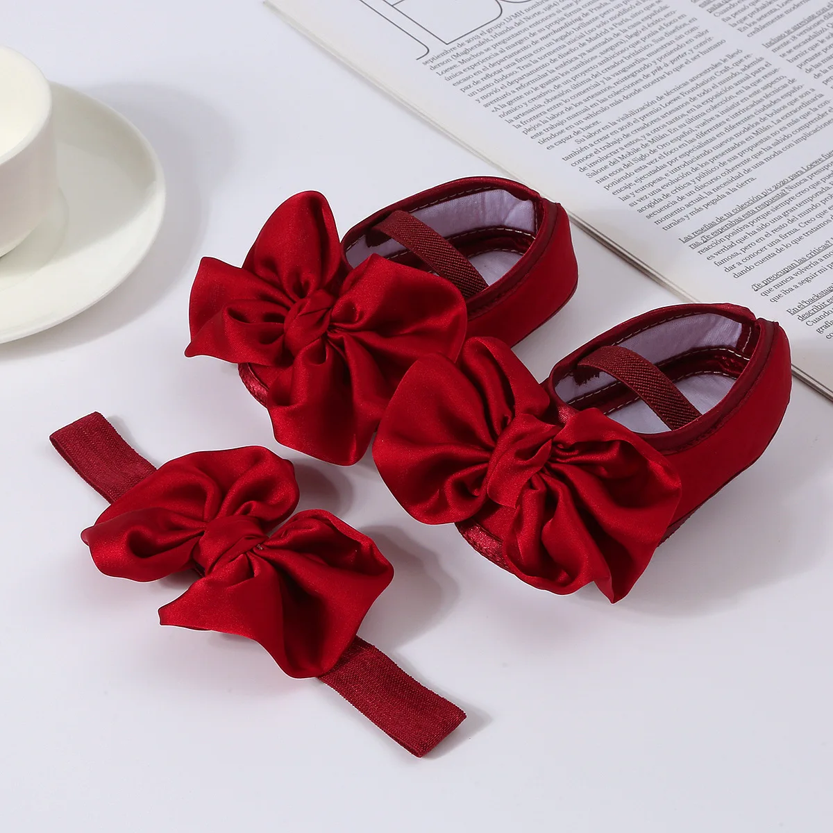 1Set Cute Big Bowknot Antiskid Baby Shoes Headband Newborn Toddler Prewalker Shoes Solid Floor Socks Girls Boys Socks Headwear