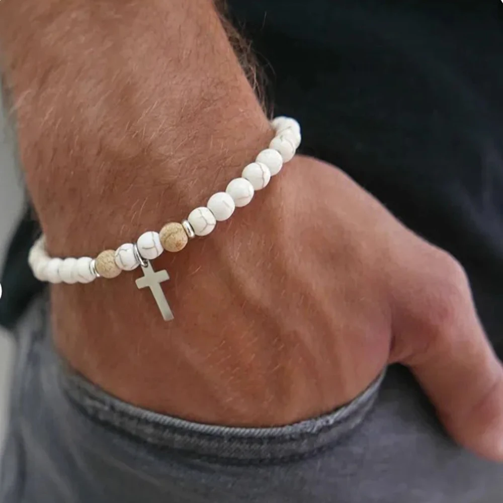 الرجال الأبيض Howlite حجر مطرز الصليب سوار ، اكسسوارات الترفيه ، أسود التأمل حبلا سوار ، جديد