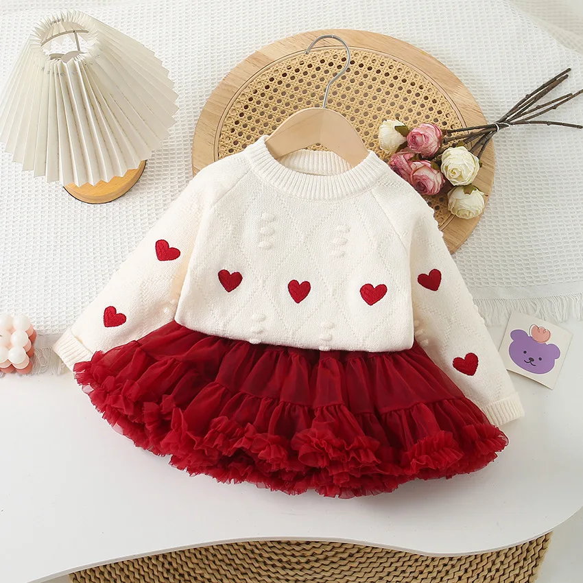 

New Spring Kids Clothes Set Cute Girls Heart Embroidery Sweater Pullover + Tutu Skirt Children Outfit 2PCS