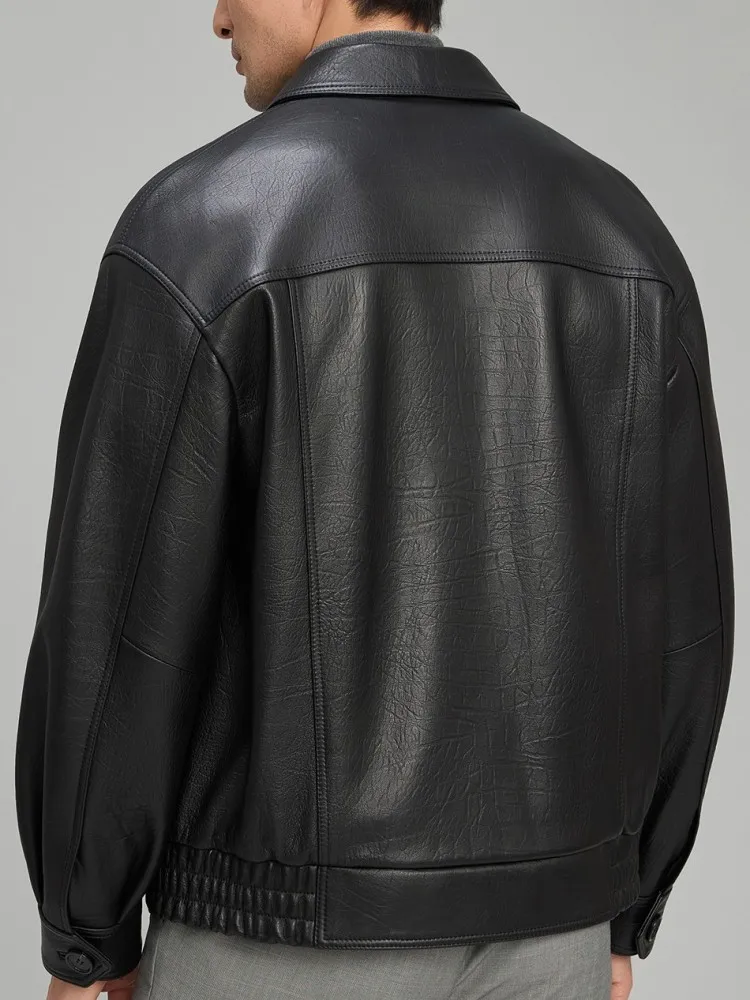 الأعمال عارضة نمط رفض طوق طويلة الأكمام سترة جلدية حقيقية بلون سستة فضفاضة الذكور ملابس خارجية من جلد الغنم #2