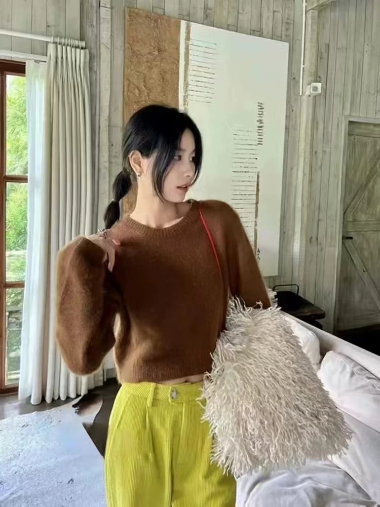 100% Merino Wool Women's Round Neck Short Pullover Loose Autumn Winter Casual Fashion Knitted Cashmere Sweater