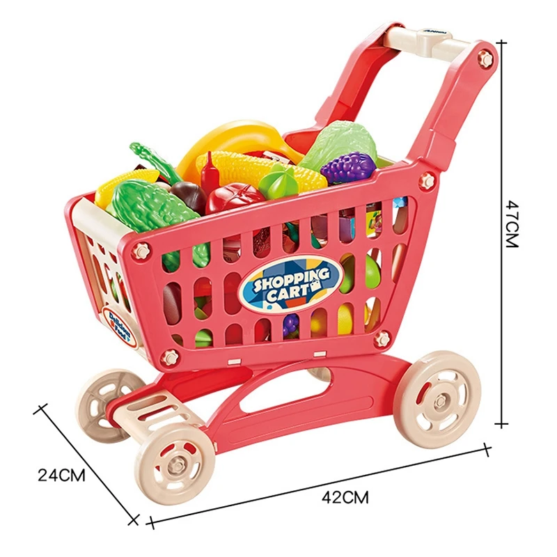 Conjunto de carrinho de compras para dramatização, carrinho de compras com comida falsa, acessórios de cozinha para crianças
