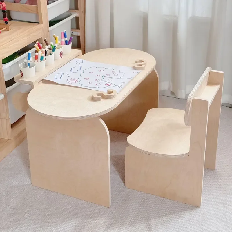 Kids Wooden Art Table and Chair Set with Paper Roll Holder Pine Study Desk for Children Painting Drawing Activity Furniture