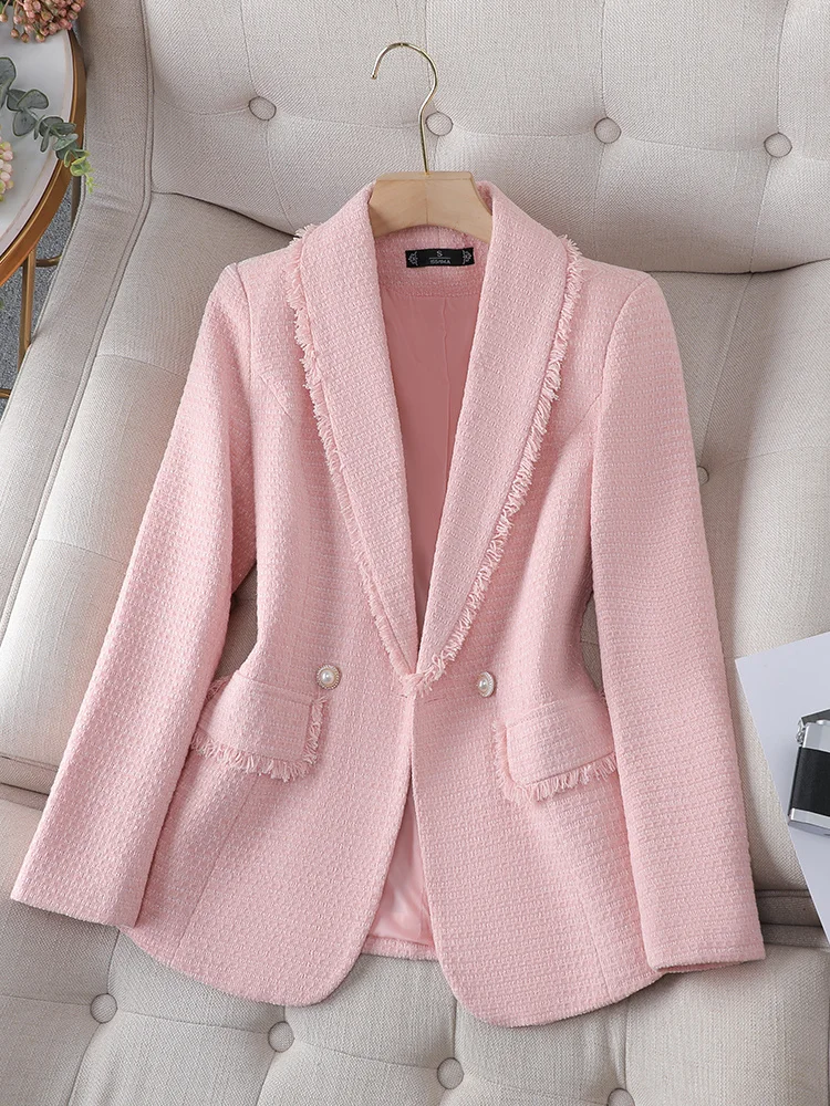 Tweed Pink Blazers For Women Elegant Chic Office Ladies Long Sleeve Lapel Solid Jacket Female Vintage Burr Slim Coats Tops Cloth