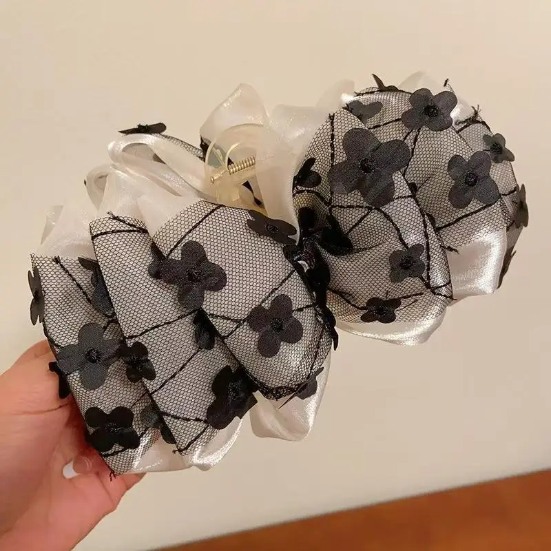 Pince à cheveux requin avec nœud en maille noire, grande taille, pince à cheveux de tempérament, nouveau Style pour femmes, accessoires pour cheveux