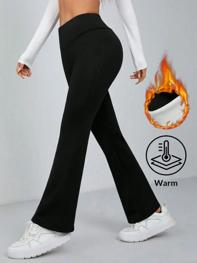 

Женские повседневные универсальные узкие брюки-клеш на термоподкладке с высокой талией, эластичная талия, черные, женская одежда, леггинсы