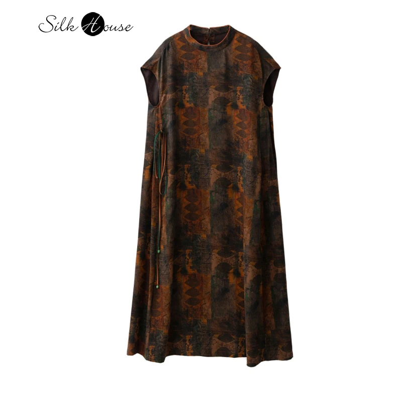 

Women's Clothing 100% Natural Mulberry Silk Fragrant Cloud Yarn Stand Up Collar Short Sleeved Fashionable Straight Printed Dress