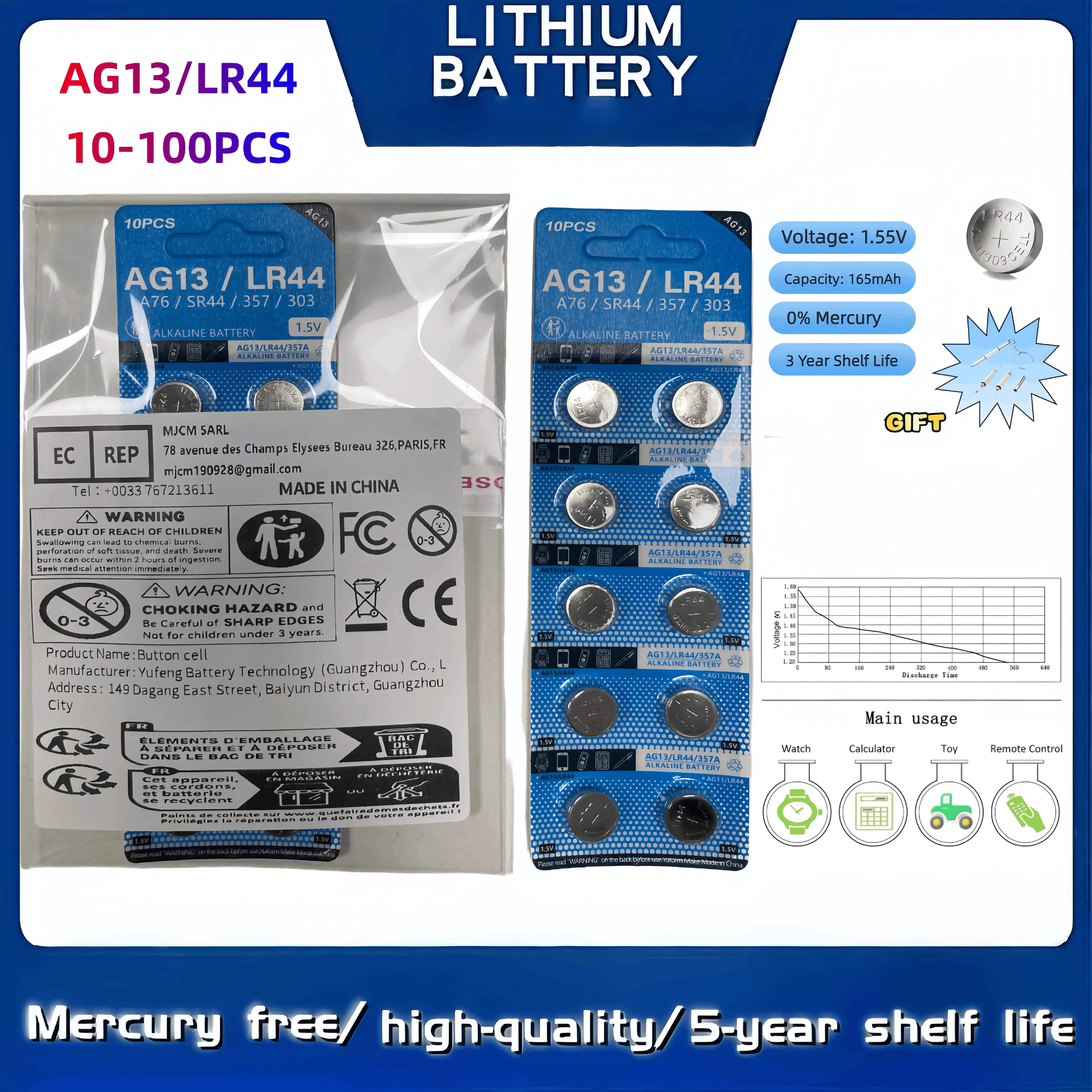 

10-100PCS LR44 AG13 Button Batteries - Compatible with 357 SR44 RW82, Blood Glucose Monitor, Calculator, Watch