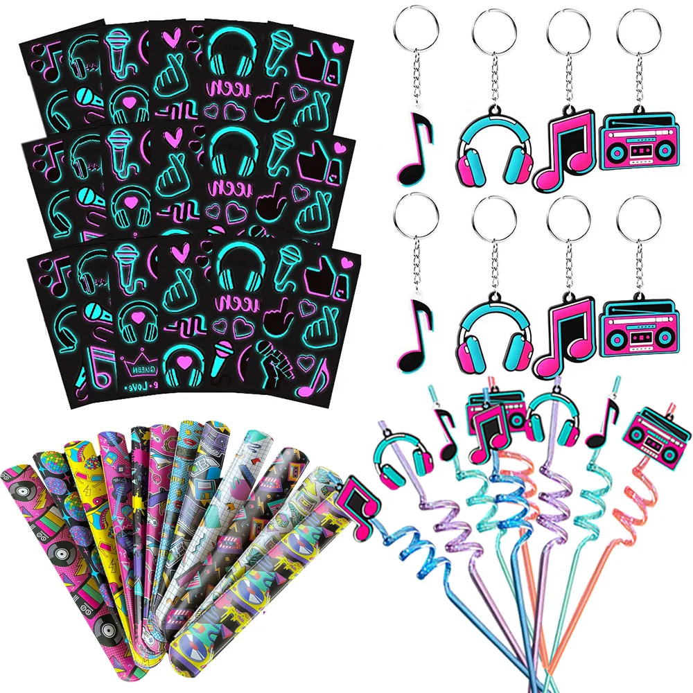 Music Party Favors Music Themed Straw Bracelets Keychain Luminous Tattoo Sticker Teens Holiday Birthday Social Dance Party Decor