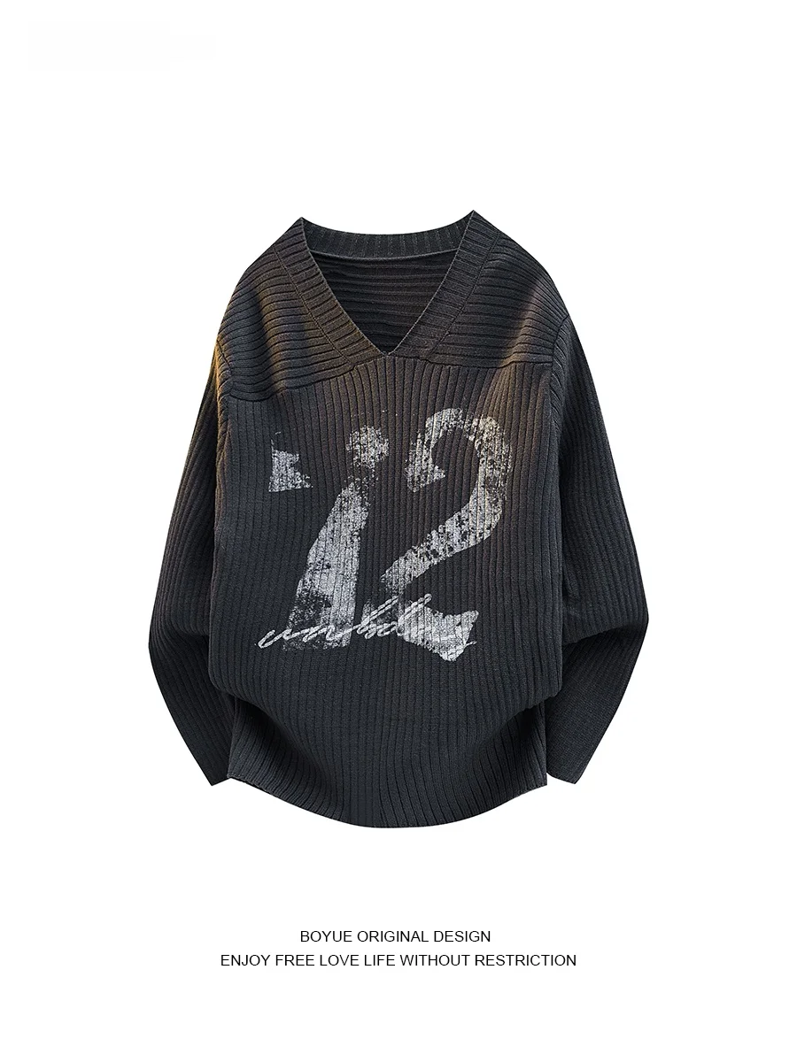 

Boyue American Sle Knitted Sweater V-Ne Print Texture Spor Streetwear for Men And Women Casual Loose Fit Long Sve