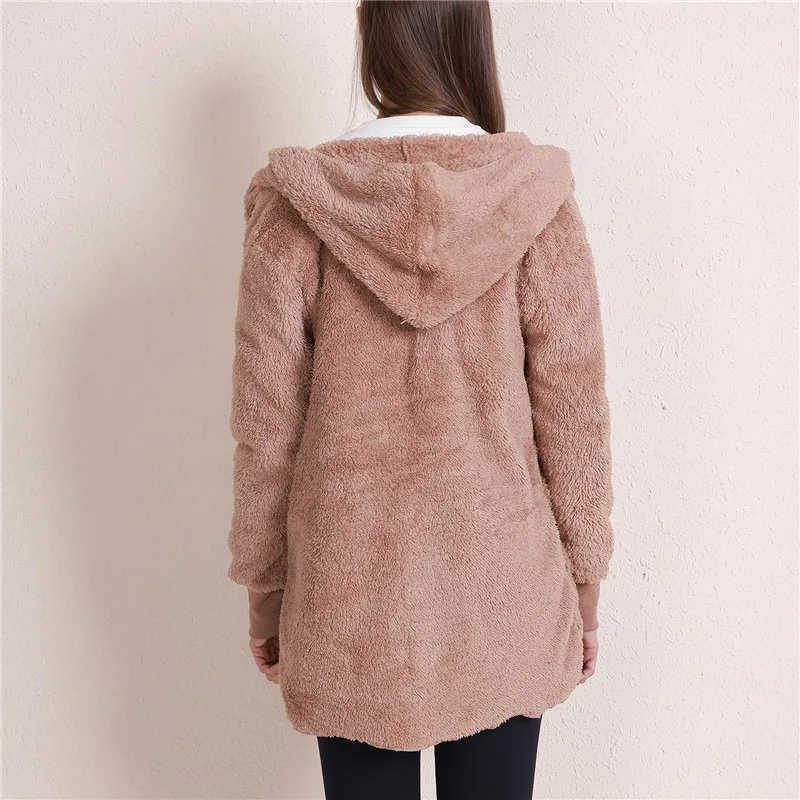 Plush Warm Jacket For Women Faux Fur Long Sleeve Oversized Coats Korean Fashion Hooded Loose Coats Women Winter Black