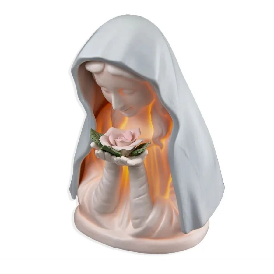 

Blue Madonna with Rose Night Light Small Catholic Table Lamp Blessed Mother in Blue Veil Holding a Pink Rose Emits Soothing War