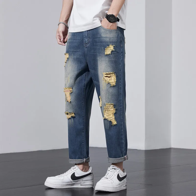

Ripped Jeans For Men Harem Hip Hop Summer Ankle Length Plus Size 40 42 Holes Male Boys Denim Trousers Thin Scratched Loose Pants