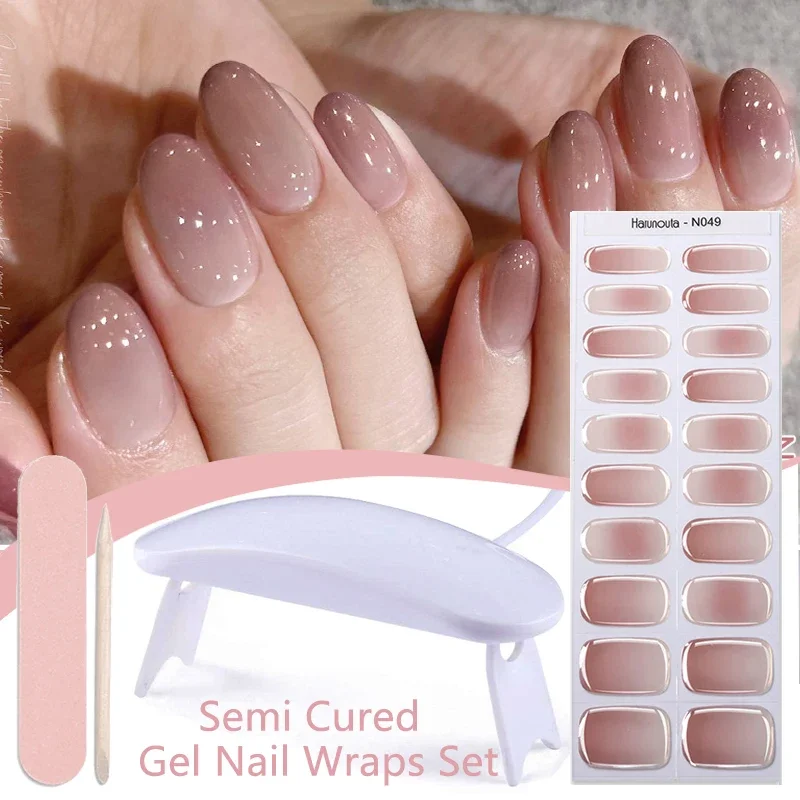 Harunouta 4pcs/set Gradient Jelly Semi Cured Gel Nail Strips with Nail Lamp Nude Pink Waterproof Nail Stickers Long Lasting Wrap