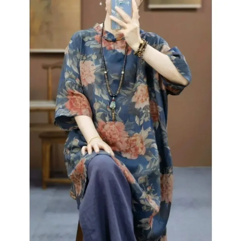 

Женская синяя блузка с короткими рукавами в стиле Cheongsam с цветочным принтом