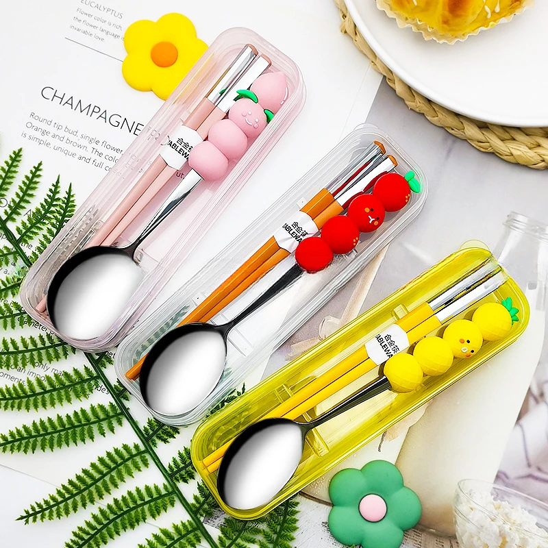 Fun Fruit Jenga Spoon and Chopsticks Two-piece Set 304 Stainless Steel Spoon Alloy Chopsticks Portable Tableware Set