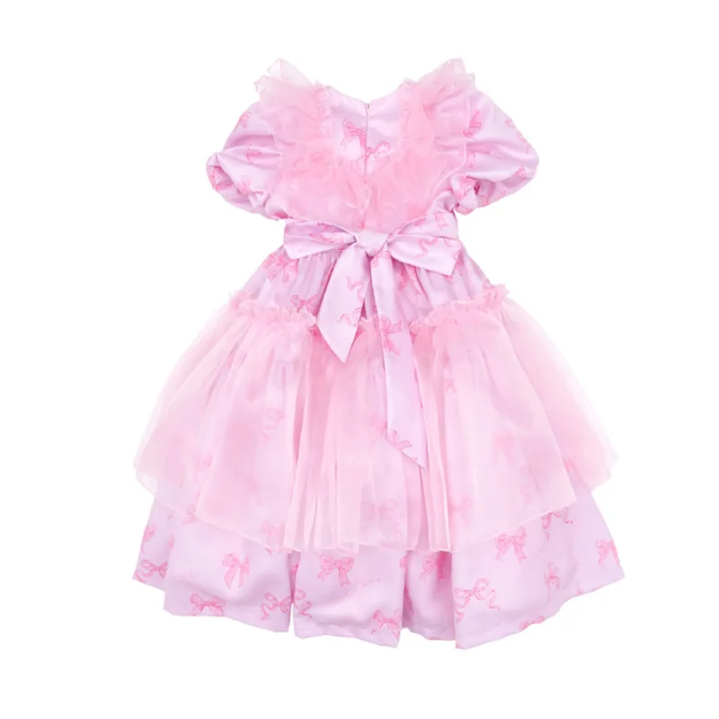 Spot bebebebe 2024 Frühling/Sommer Mädchen rosa Bogen Prinzessin Kleid Geburtstags feier Kleid Baby Mädchen Kleidung 7-12y