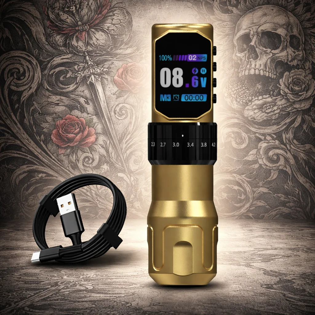 

Набор для татуировки Audersigt Black/Gold с регулируемым ходом мотора и аккумулятором 2000 мАч, тату-ручка