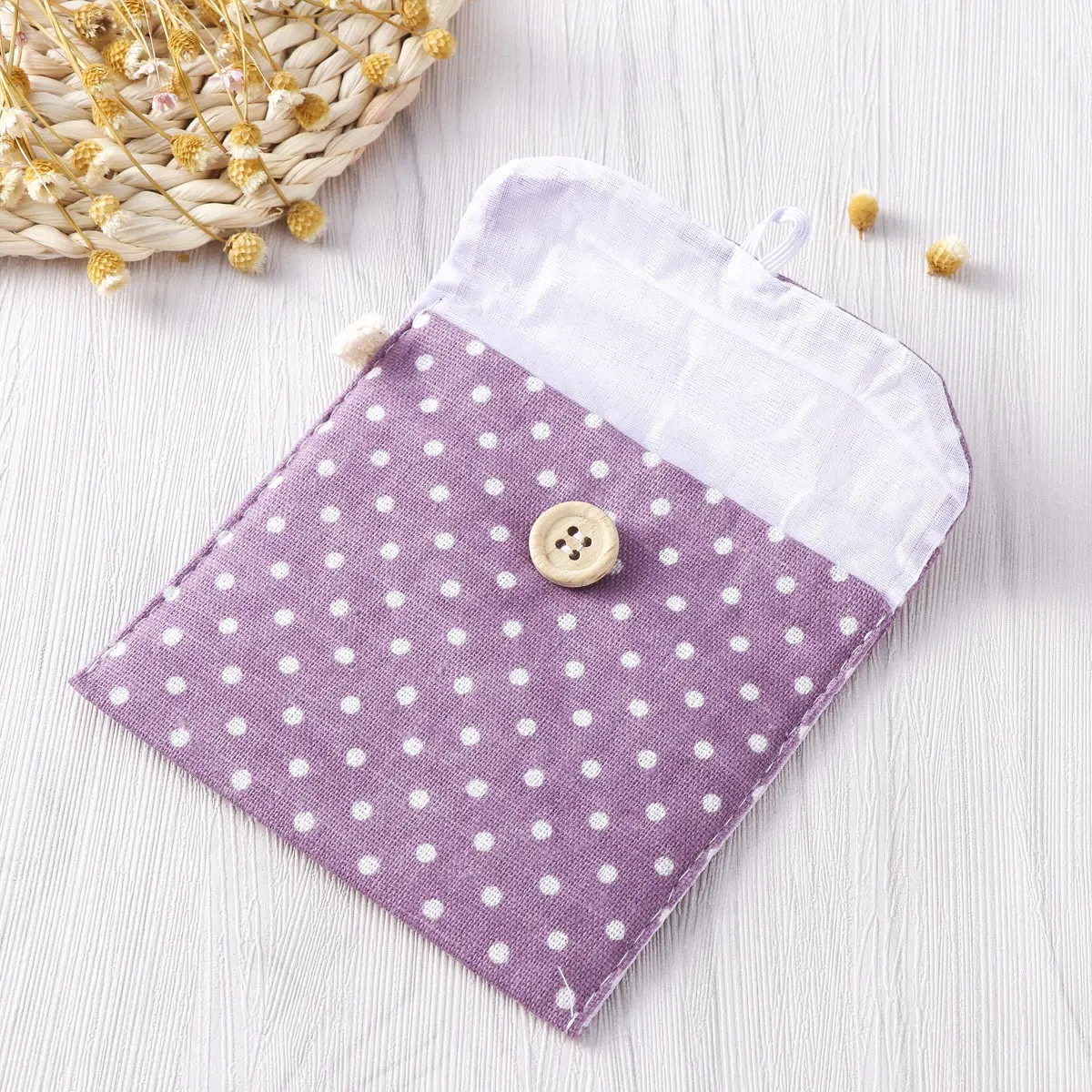 Women Purple Polka Dot Linen Sanitary Napkins Organizer Secret Pouch Menstrual Pad Holder Case Travel Coin