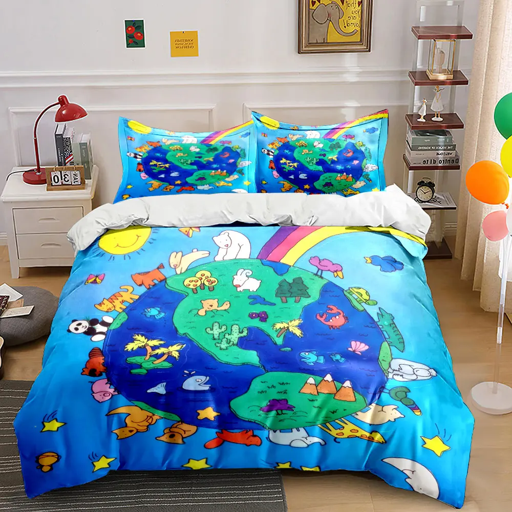 Kids Educational Earth Animals Set Bedding Set with 1 Duvet Cover 2 Pillowcases Single Double King Queen, Gift
