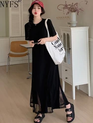 NYFS 2024 Summer New Korea Woman Dress Vestidos Robe Elbise Loose Plus Size Patchwork Mesh Fish Tail Long Dress