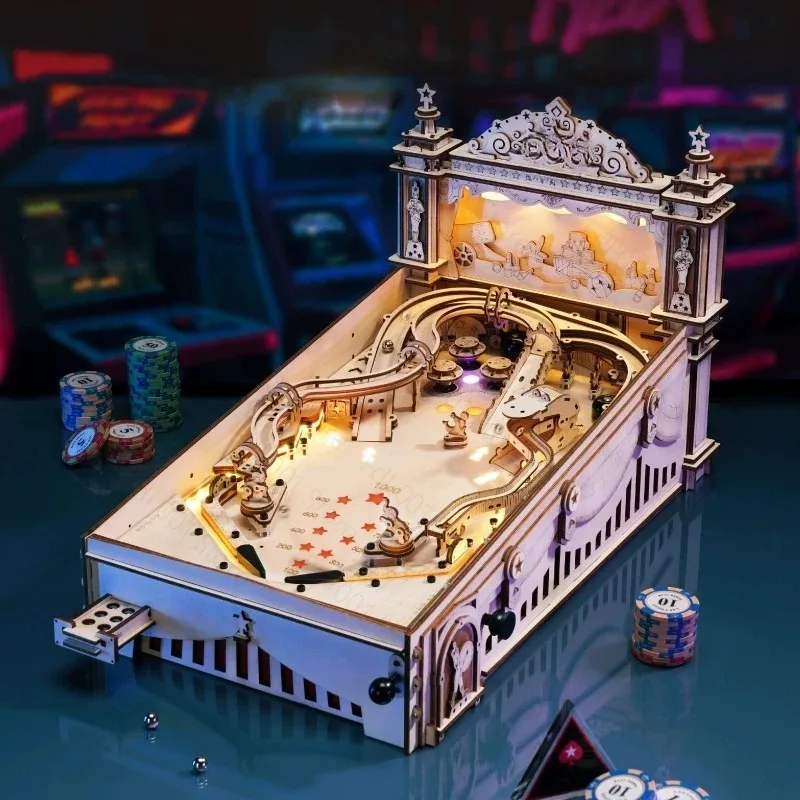 3D Pinball Machine Wooden Puzzle 482pcs Mechanical Model Kit for Adults Teens EG01