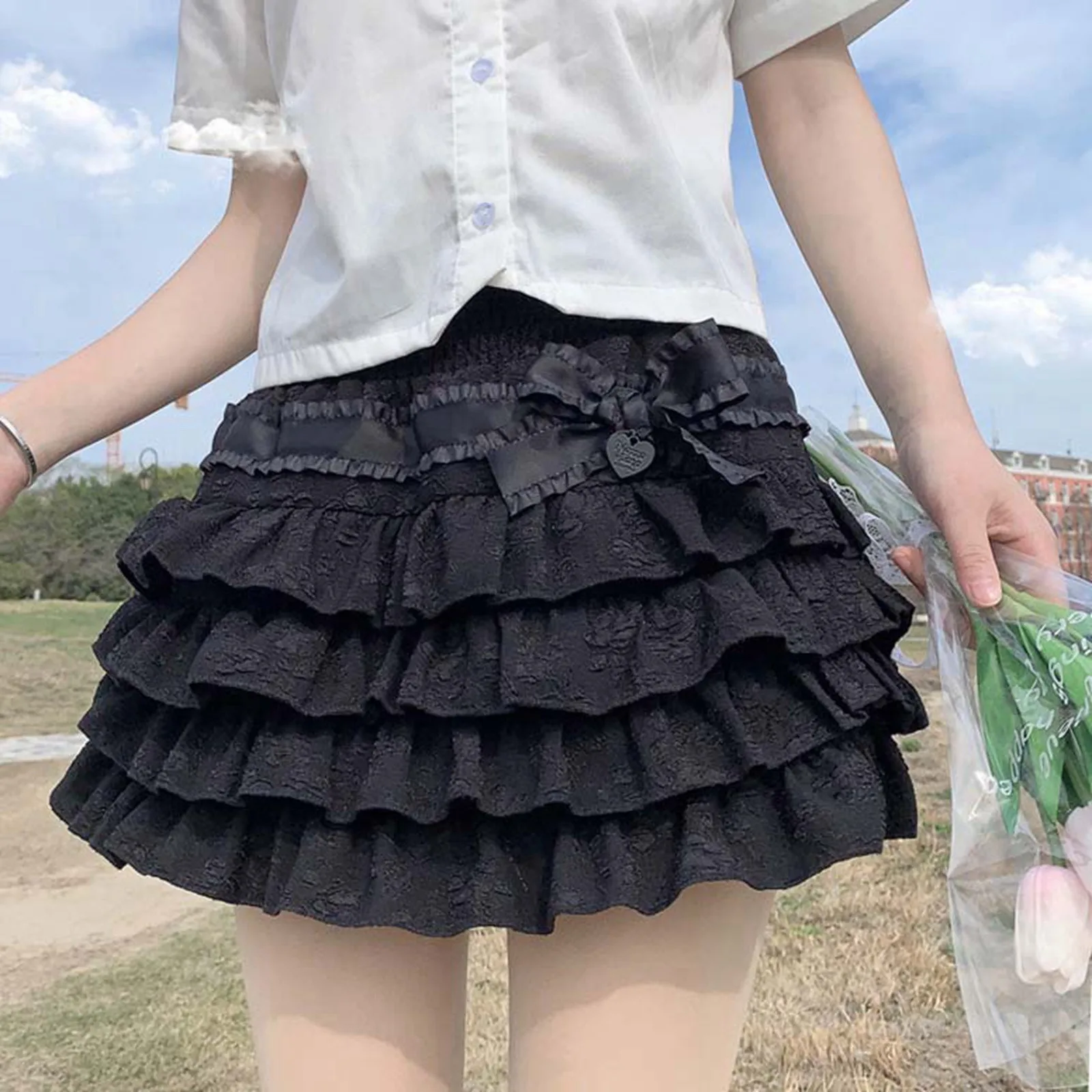 

Harajuku Y2k Short Skirt Japanese Style Kawaii Lolita Mini Skirt Women Gothic High Waist Ruffle Tiered Skirts Darkness Sweet