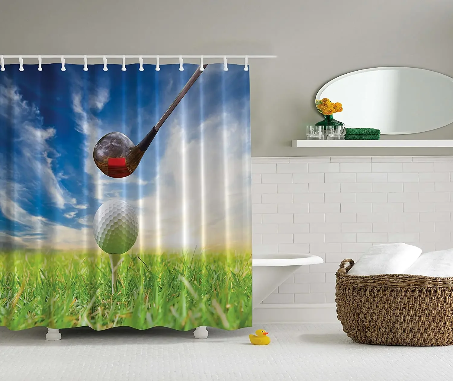 Golf Masculine Sports Clubs Decor Field Home Bathroom Accessories Man Cave Shower Curtains Green Blue White Bathroom Curtains