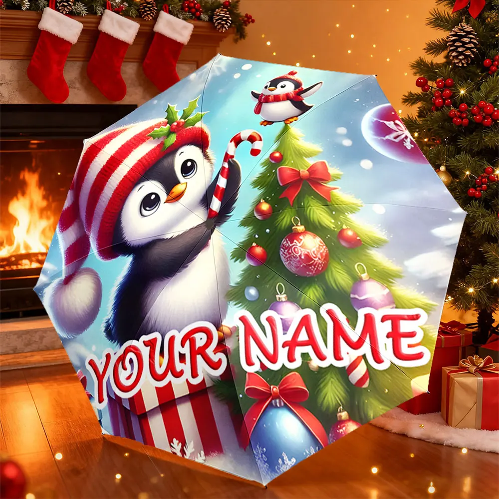 Custom Name Umbrella， Christmas Penguin Umbrella with Candy Cane Design ,Portable Folding Umbrella, Christmas Gift