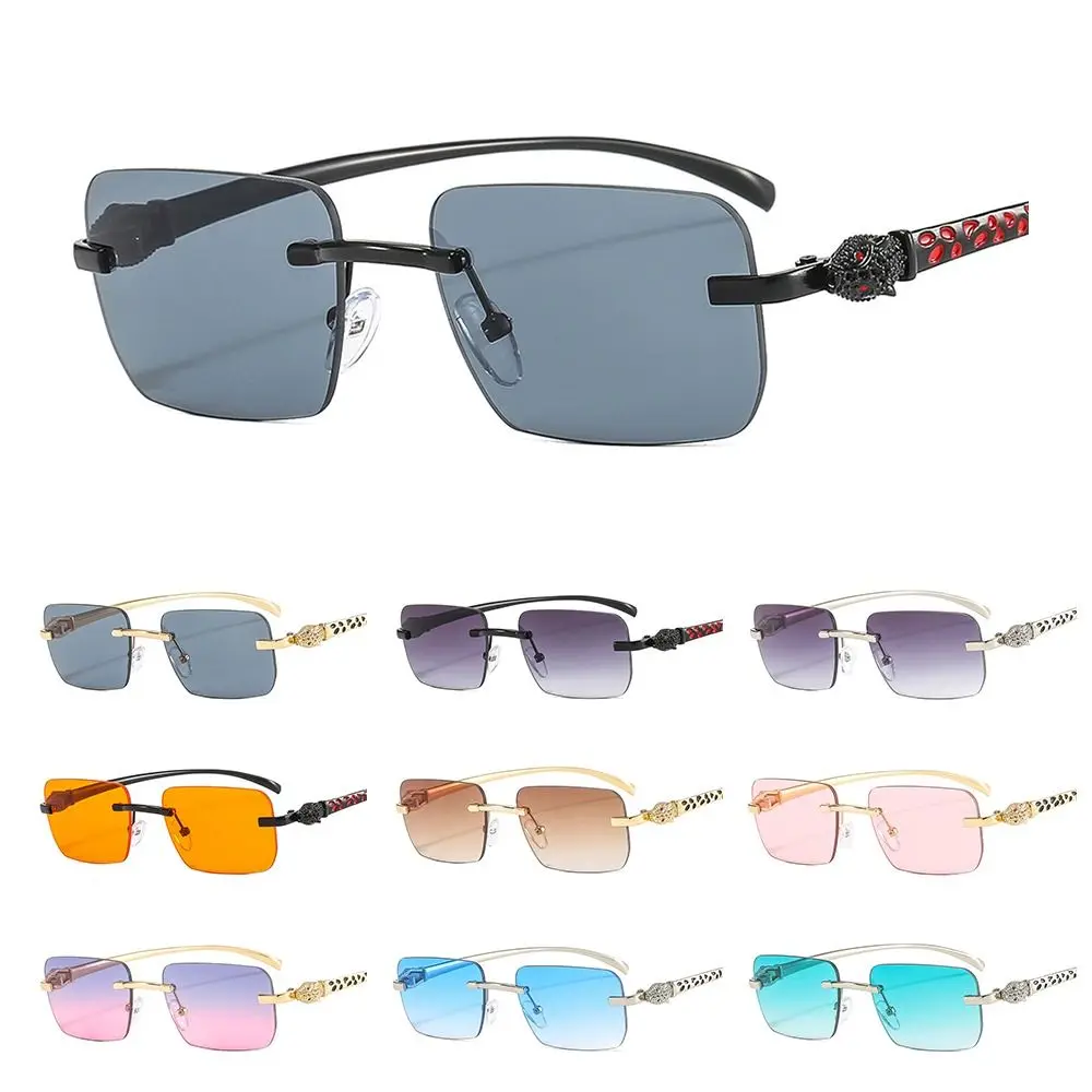 Rimless Leopard Head Decorated Sunglasses Gradient UV Protection Transparent Lens Shades Street Shooting Eyewear for Women