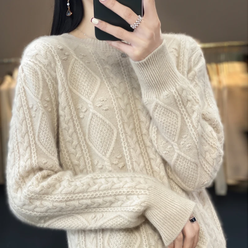 Women's Heavy Cashmere Sweater, Round Neck, Twisted Flowers, Thick Loose Knitting, Bottoming Sweater, Fashionable