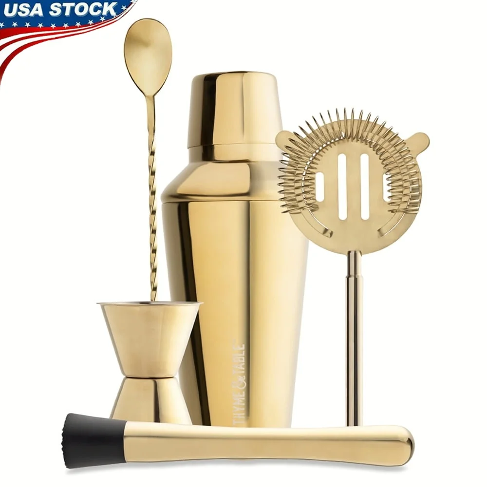 

5-Piece Stainless Steel Cocktail Tool Set with Gold Finish Shaker Jigger Stirrer Muddler Strainer Home Bar Mixology