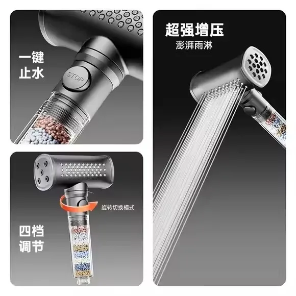 8-Layer Deep Filtration Pressure Boost Shower Head Self-Cleaning Descaling Sprayer 4 Modes High Pressure Large Flow Showerhead