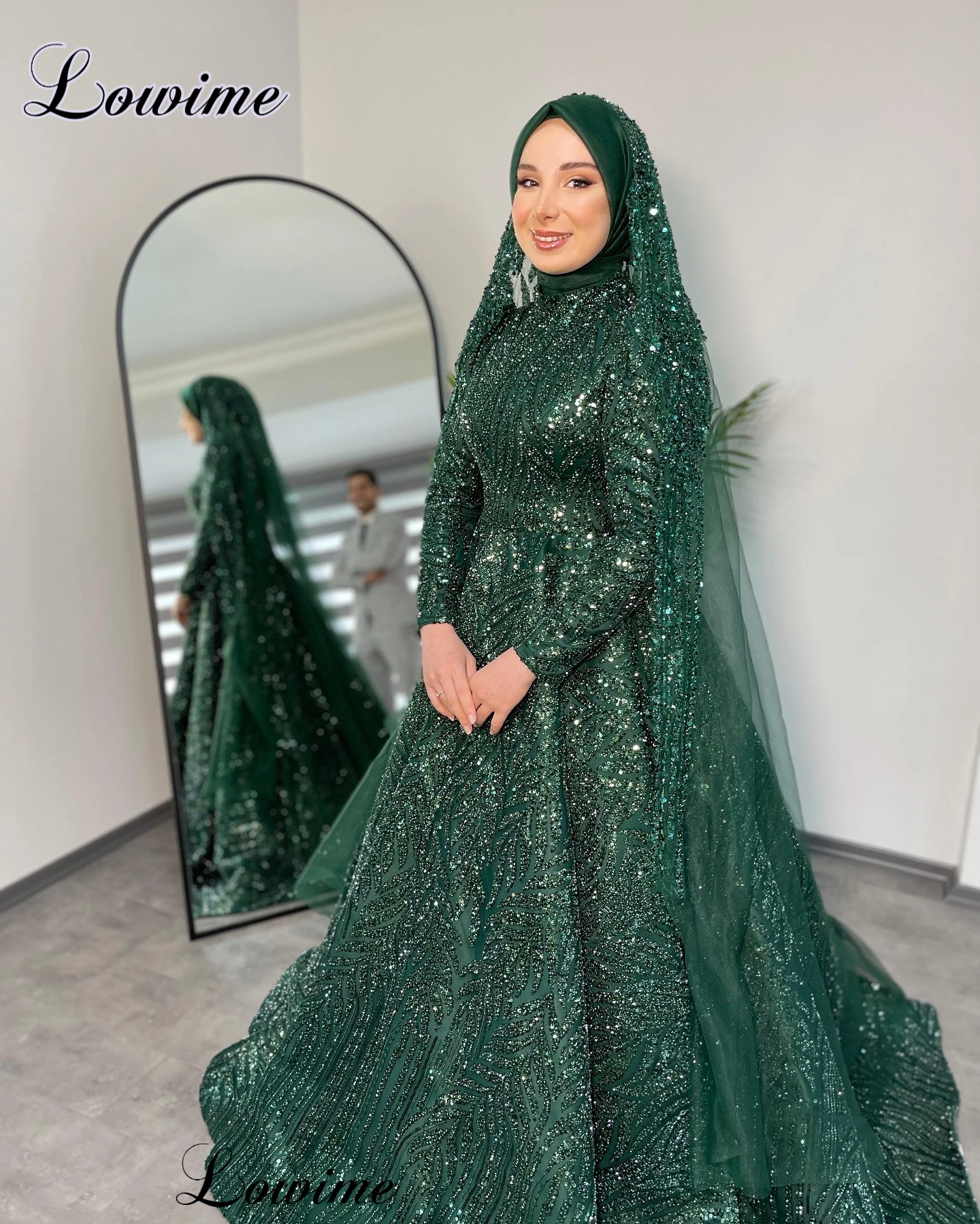 Dubai Muslim Green Evening Dresses A-Line Long Sleeves Formal Occasion Dresses High Neck Wedding Party Dresses Robes De Soirée