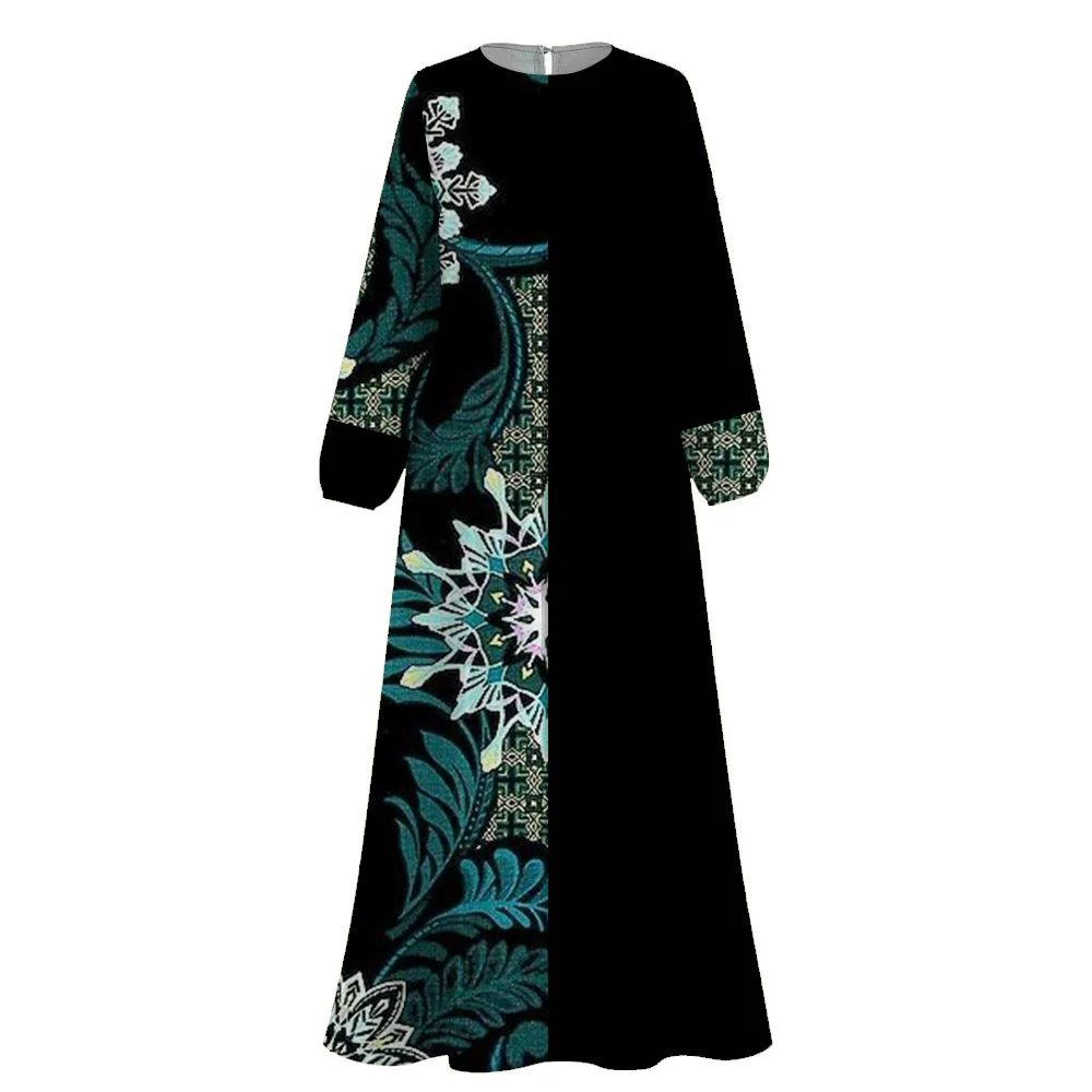 Muslim Clothing Femme Islam Abaya Dubai Turkey Cashew Flower Spliced Print O-Neck Long Sleeve Kaftan Casual Abaya Muslim Dress