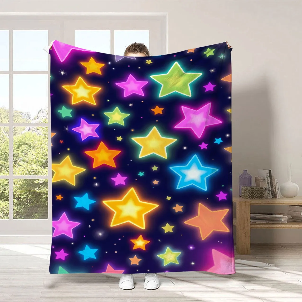 Manta Moderna con Diseño de Estrellas de Neón, Arcoíris Brillante y Galaxia Espacial, Acogedora para Sala de Estar, Sofá