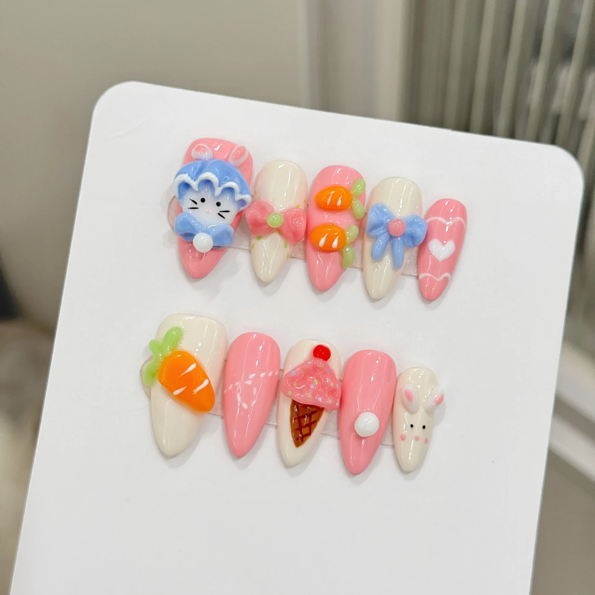 

10 PCS Luxury Handmade Press on Nails Middle Almond Hand-drawn carving Design with 3-PIECE Tool Adhesive Nail Glue Tabs