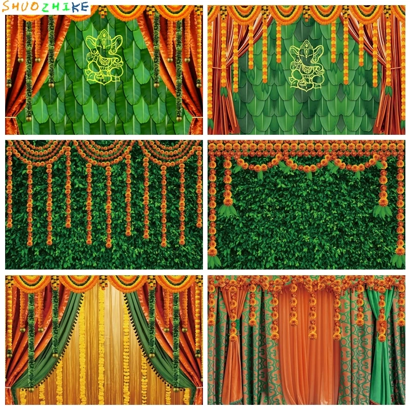 

India Pooja Traditional Photography Backdrop Marigold Green Banana Leaf Chatiya Ganesh Background Puja Ganpati Wedding Party