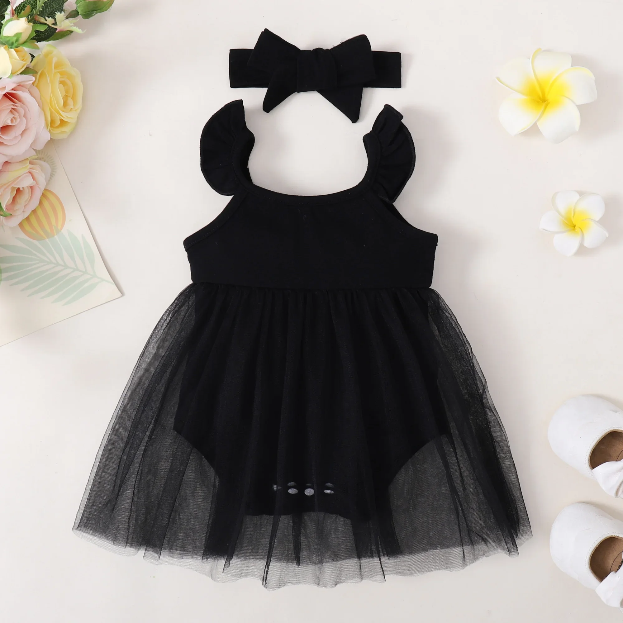 Summer  Newborn  Baby  Girl  Black  Wedding  Bridesmaid  3D  Flower  Tulle  Lace  Satin  Princess  Dress  Party  Funeral  Dress