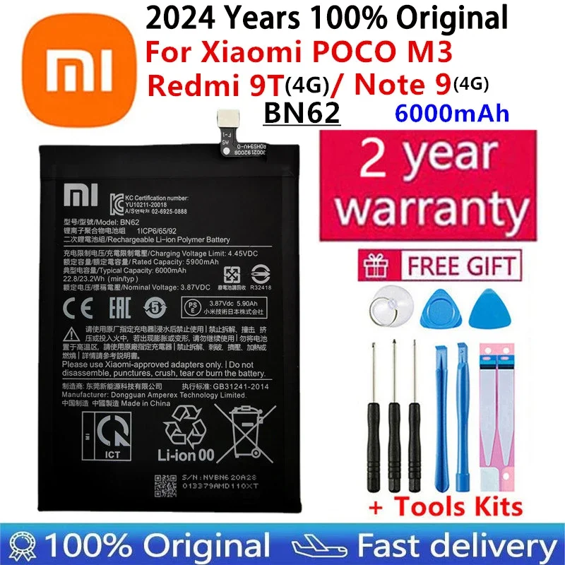 2024 100% Original Xiao Mi 6000mAh BN62 Battery For Xiaomi Pocophone Poco M3 For Note 9 Redmi 9T Batteries Bateria Fast Shipping