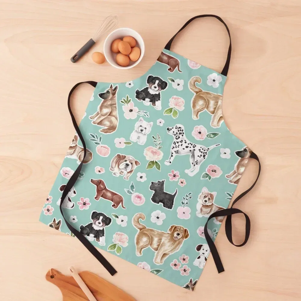 

Watercolor Dogs and Flowers on Aqua Blue, Pet Decor, Puppy Dog Art Apron For Man beauty master Apron