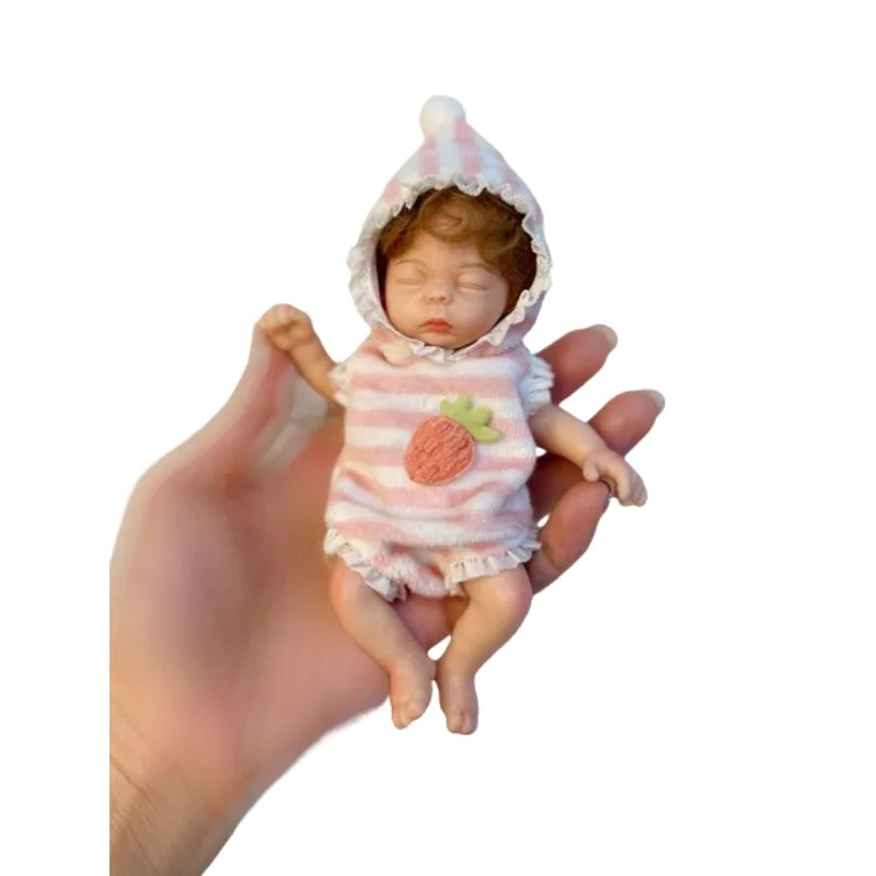 Mini Palm Rebirth Doll Made of Soft and Realistic Silicone Material with Strawberry Pattern Clothes