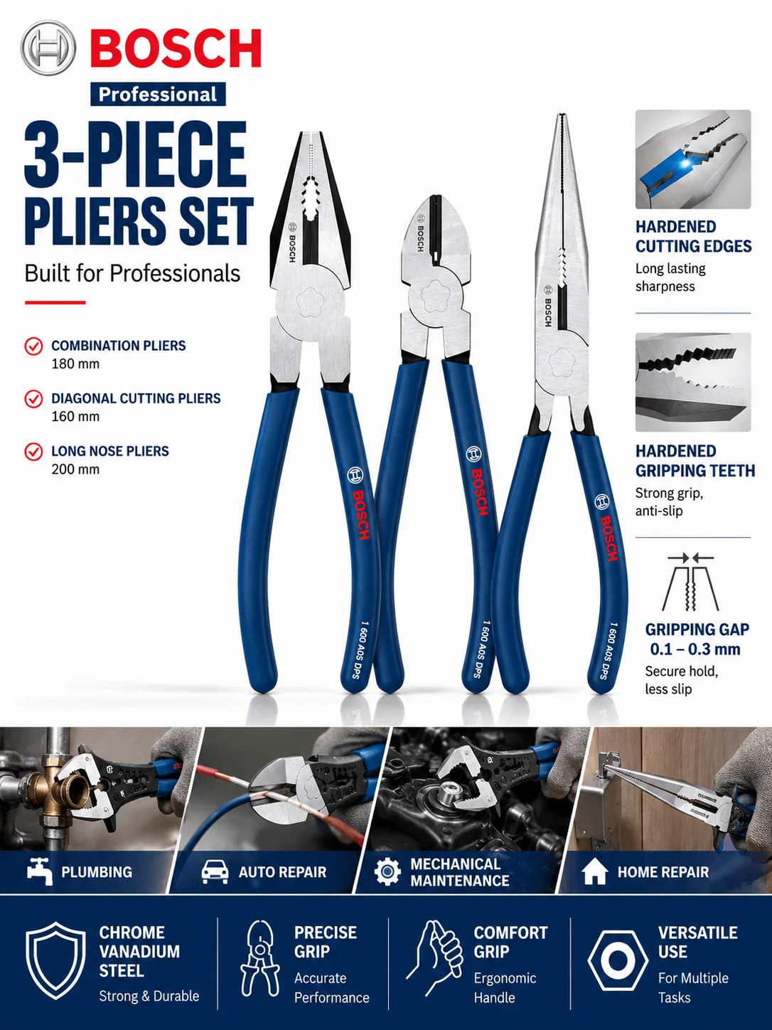 BOSCH 3Pcs Pliers Set Combination Pliers Diagonal Cutter Long Nose Pliers CrV Steel Hand Tools for Electrical Repair